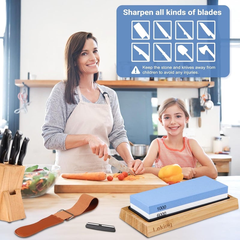 LeKing Professional Knife Sharpener & Sharpening Stone Set: 1000/6000 Grit Dual-Sided Whetstone(7"x2.4"x1.2") with Bamboo Base, Non-Slip Silicone Holder, Angle Guide & Leather Strop Kit - Image 4